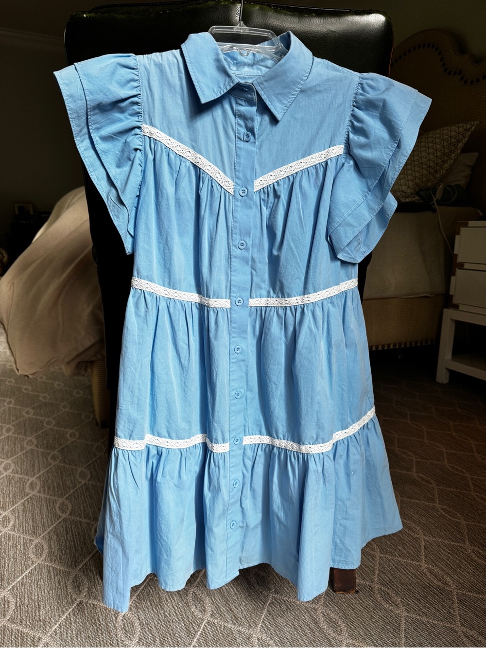 Light Blue Button-Front Ruffle Tiered Dress with subtle Lace Trim